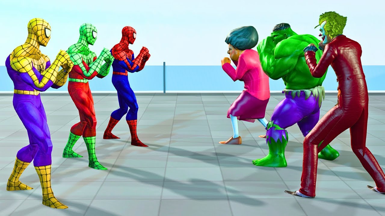 Team Spiderman fighting Bad guy Joker vs Big Hulk Tanks to rescue