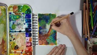 Gouache and Mixed Media №67. Waterfall. Tutorial.