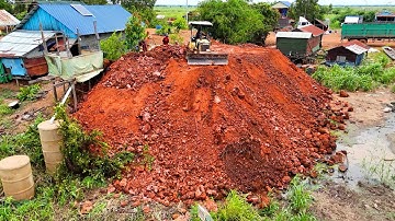 Nice Processing Landfill Up Flood Protection, Bulldozer Push Soil Truck Unloading Soil In flood zone