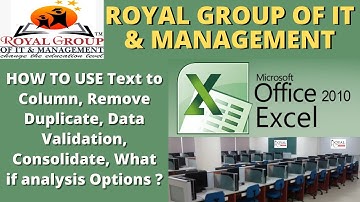 Explain Text to Column, Remove Duplicate, Data Validation, Consolidate, What if analysis Options ?