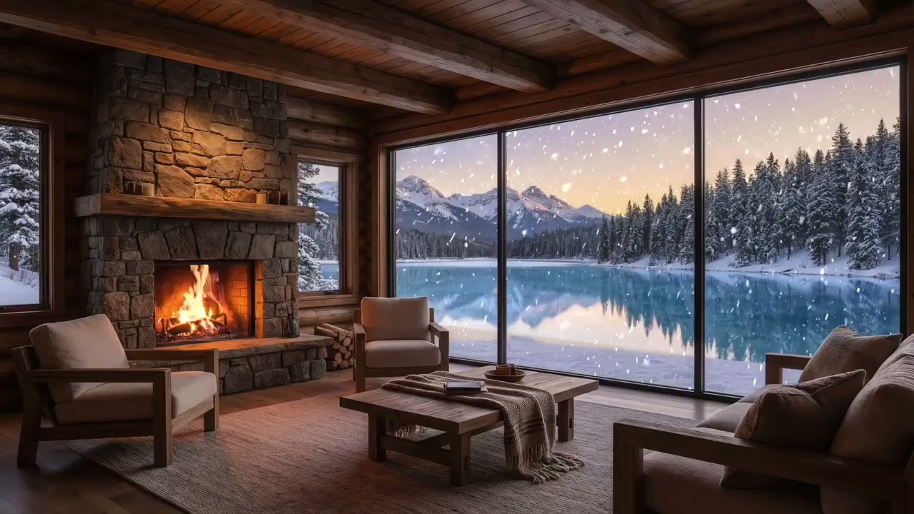 Snowy Cabin Night with Fireplace, River Flow & Soft Wind | 8 Hours Calm Ambient Sounds (No Music)