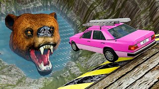 Car Jumps & Falls into Swamp with Hungry Grizzly Bear - BeamNG.drive