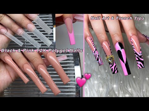 BLACK & PINK Y2K POLYGEL NAILS💕 EASY NAIL ART DESIGN & HOW TO FRENCH TIP | Nail Tutorial