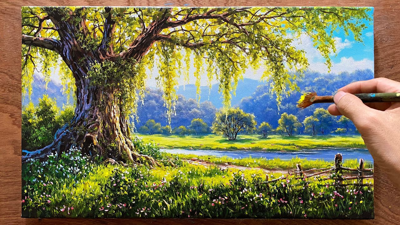 How to draw landscape painting #15 - Draw trees and grass / Acrylic painting / A Lu Art.