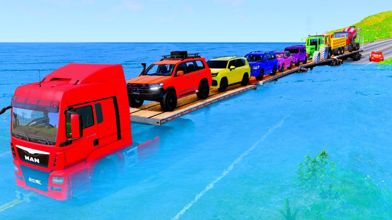 Triple Flatbed Trailer McQueen Transportation with Truck   Speedbumps vs Cars vs Train BeamNG #14