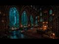 Cozy Gothic Library Ambience with Fireplace & Rain | Waterfall Window View | Dark Academia Music