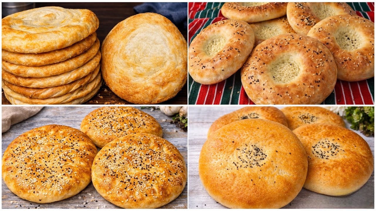 4 разных вида афганского наана для Рамадана. Рецепт для Рамадана и ифтара. Четыре вида хлеба для ...