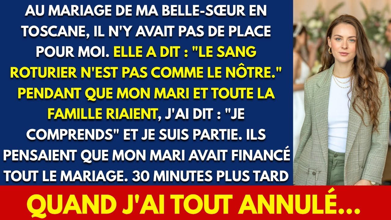 « Le sang roturier n’est pas comme le nôtre, Claire. » La phrase de ma belle-sœur claque dans le salon de la villa toscane, devant une assemblée de luxe. Nous sommes à trois heures du mariage, ma...