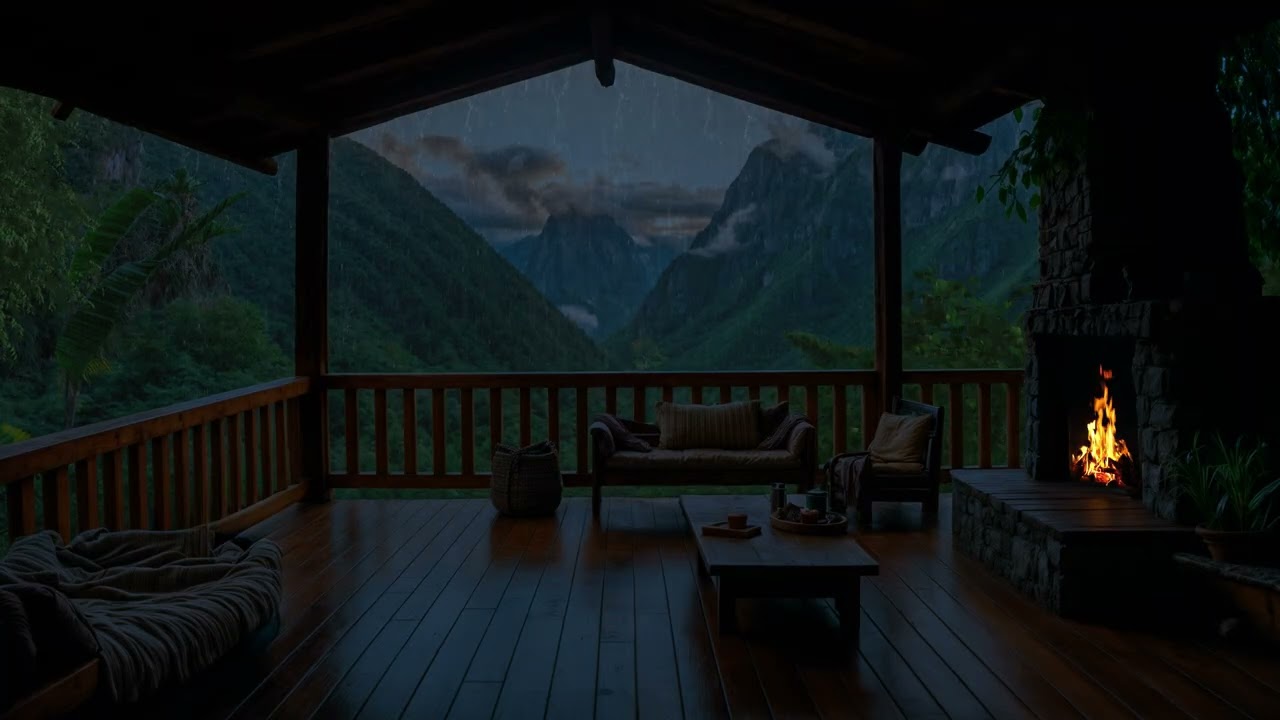 Cozy Cabin Rain at Night | Fireplace Sounds & Mountain View for Deep Sleep