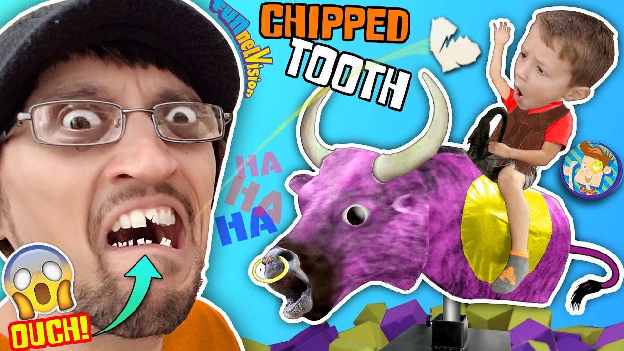 I CHIPPED a TOOTH PLAYING AROUND!! BULL RIDING @ TRAMPOLINE PARK FUNnel ...