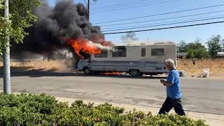 Homeless camp RV on fire ๐ฅ City tried to tow it but it burned down instead (Sacramento)
