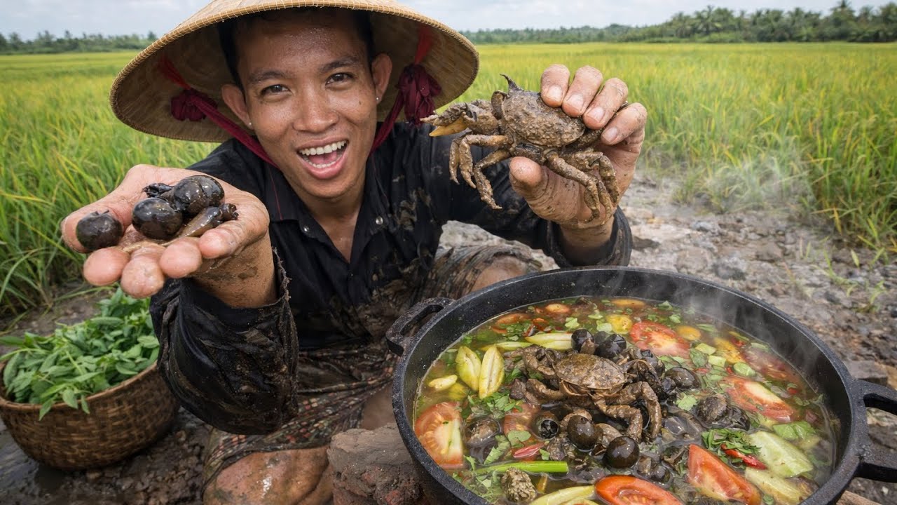 Ra đồng săn bắt về chế biến món ăn quá đã😋#canhdongmientay#cuadong 
