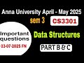 CS3301|Data Structures|Anna University April/May -2025 |important questions