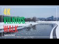 4K City Walk - Along the Frozen and Thawing River Neris, Vilnius, Lithuania