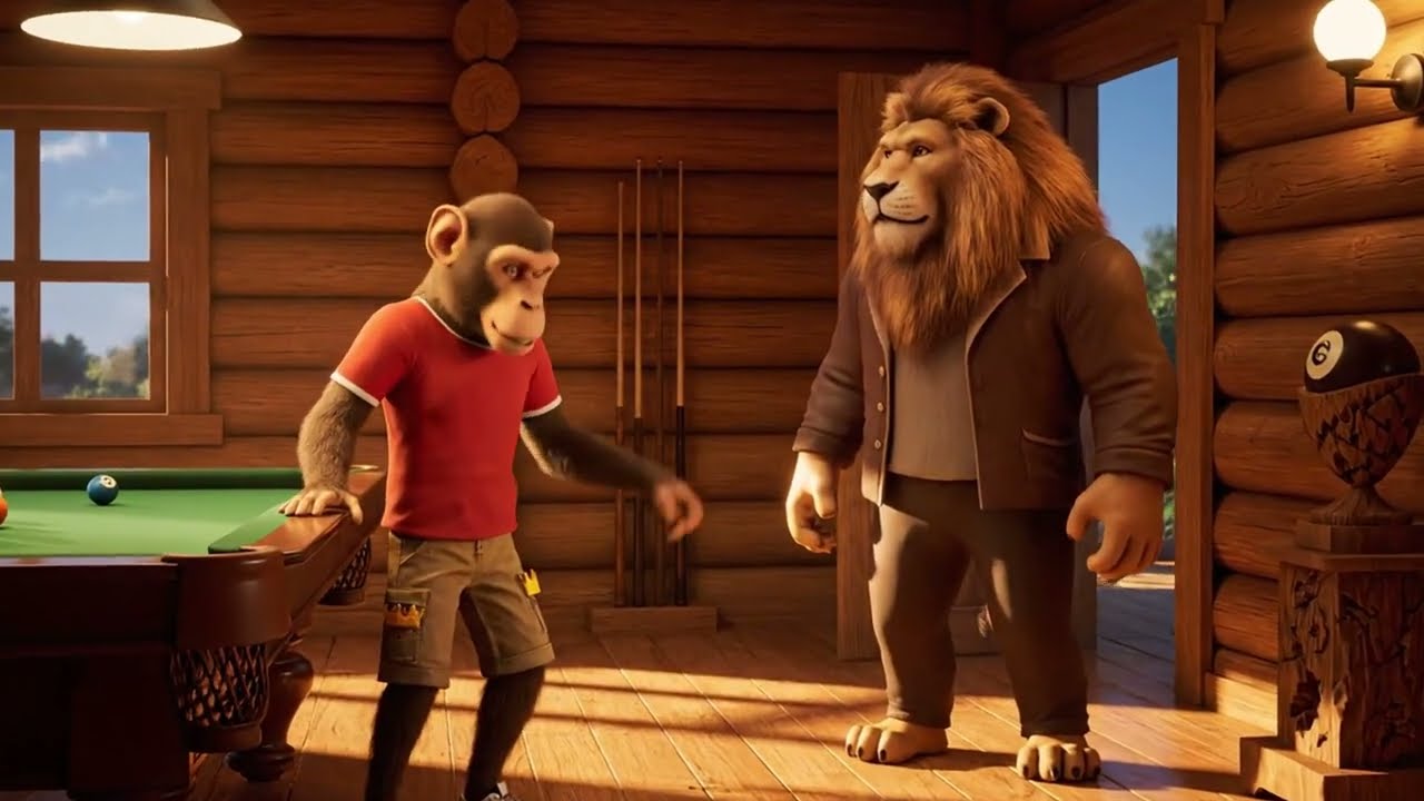 Bouncy Baboon - The monkey teaches the lion how to play billiards
