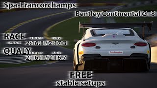 ACC 1.10 - Bentley Continental GT3 - Spa-Francorchamps - FREE stable Race & Qualy setups Acc Bentley Spa Setup
