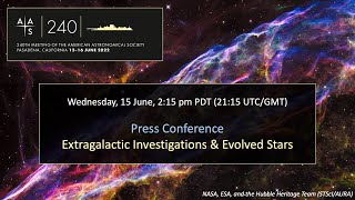 AAS 240 Press Conference: Extragalactic Investigations & Evolved Stars
Extragalactic Investigations & Evolved Stars
Wednesday, 15 June 2022, 2:15 pm PDT
Welcome
Haley Wahl
Black Hole Activity Is Not Evolving in Central Cluster Galaxies
Valeria Olivares (University of Kentucky)
Discovery of an Extremely Luminous, Decades-Old Pulsar Wind Nebula in the Very Large Array Sky Survey
Dillon Dong (California Institute of Technology)
Models for the Late-Time Excess Flux of a Peculiar Supernova
Curtis McCully (Las Cumbres Observatory)
A High Velocity Pulsar in a Galactic Supernova Remnant Measured by the Chandra X-ray Observatory
Xi Long and Paul Plucinsky (Center for Astrophysics | Harvard & Smithsonian)
Strange Abundances in a White Dwarf: Evidence for Simultaneous Accretion of Rocky and Icy Bodies
Ted Johnson (University of California, Los Angeles) AAS 240 Press Conference: Extragalactic Investigations & Evolved Stars