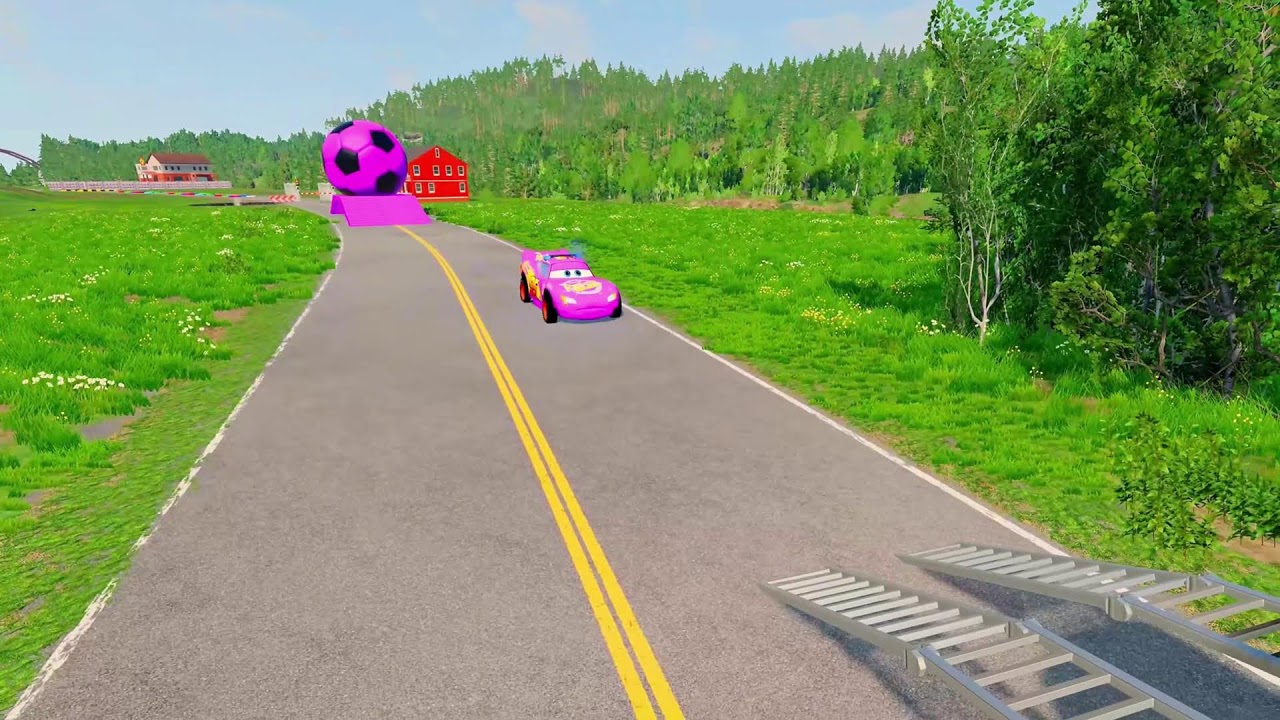 Triple Flatbed Trailer McQueen Transportation with Truck - Speedbumps vs Cars vs Train - BeamNG #01