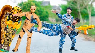 Battle Nerf War: POLICE COMPETITION Nerf Guns Fight Three Man EGYPTIAN MUMMIES BATTLE NERF FUNNY