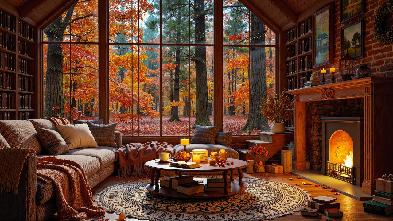 Gentle Autumn Jazz at the Forest Cabin 🍂 Cozy Fireplace Ambience with ...