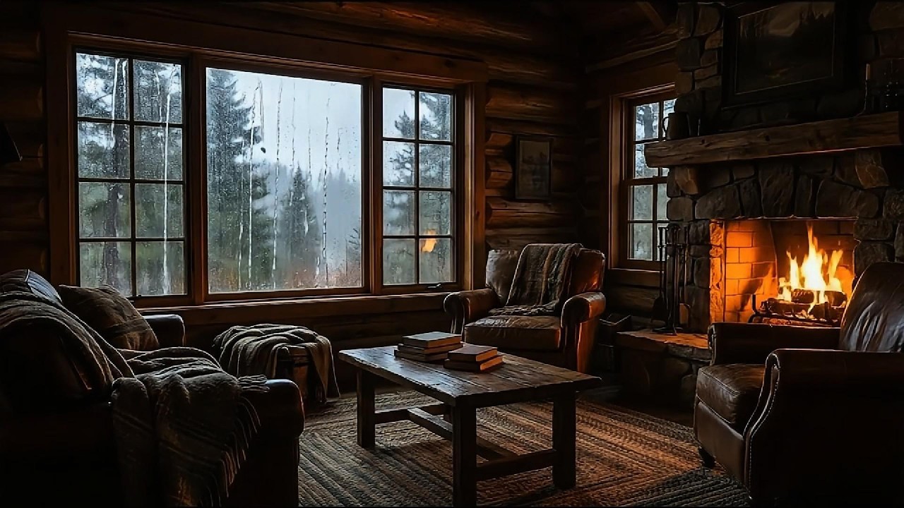 Cozy Cabin Fireplace & Rain Sounds for Sleeping (8 Hours) | Warm Rustic Ambience