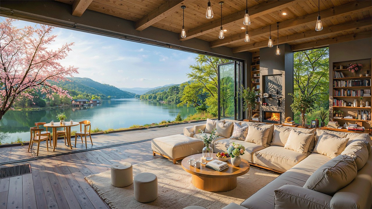 Tranquil Lakeside Ambience in the Morning ~ Gentle Jazz Piano & Warm Fireplace for Deep Focus, Calm