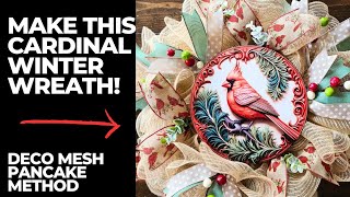 CARDINAL WINTER WREATH DIY TUTORIAL Using The Deco Mesh Pancake Wreath Method on a Dollar Tree Frame