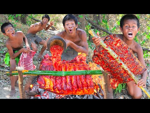 Primitive Technology - Cook Pork Rib Recipes Eating Show