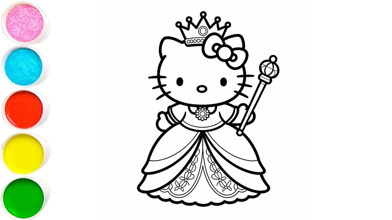 Рисунок принцессы 👑 Hello Kitty, пошаговая раскраска для детей и малышей.