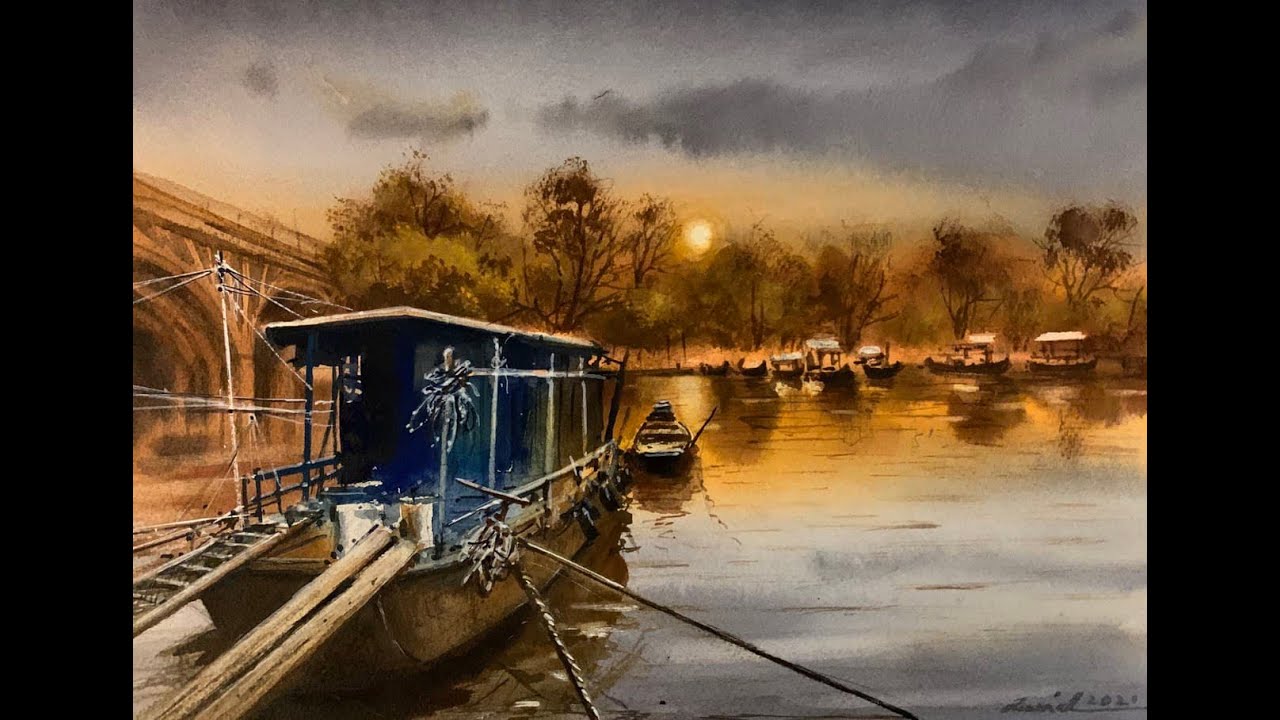 How to paint Chinese boat in watercolor painting demo by javid