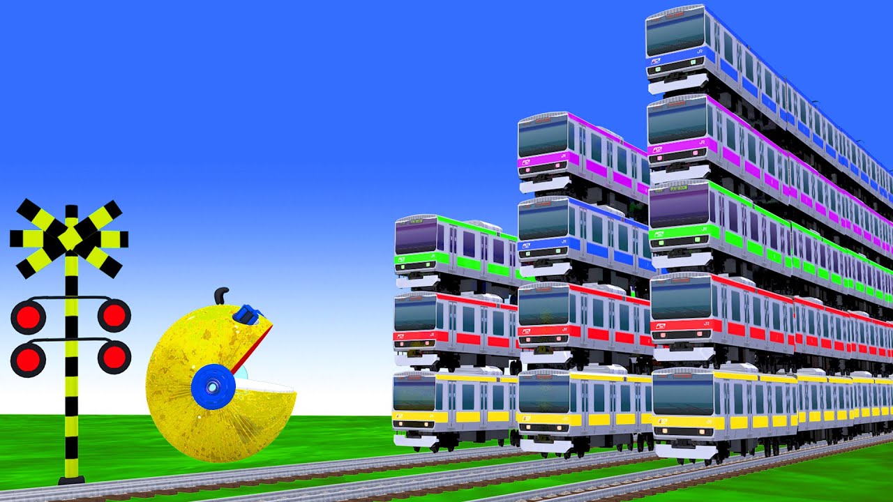 【踏切アニメ】あぶない電車 3 TRAIN HIGH vs MS PACMAN🚦 非常に長い列車Fumikiri 3D Railroad Crossing Animation 