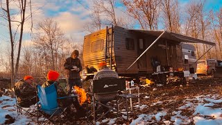 Deer Camp 2023: RV hunting, Cozy Wood Stove in Travel Trailer