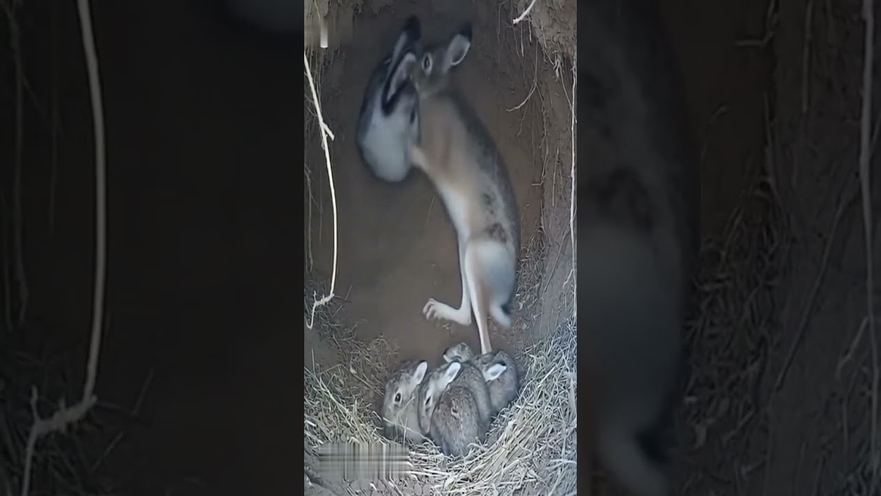 Mother rabbit protects her babies from a wolf
