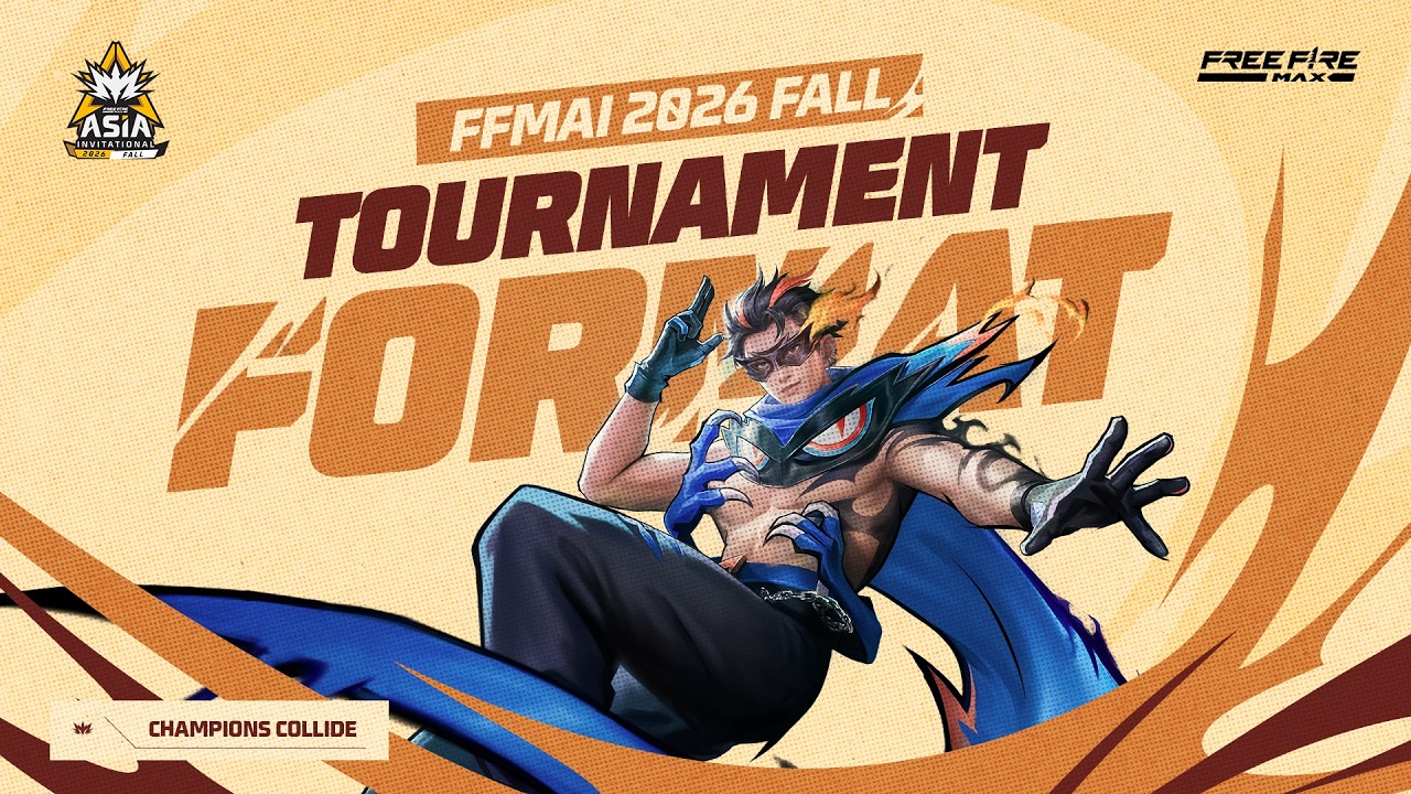 Grafik format resmi FFMAI 2026 Fall dengan tiga tahap turnamen Free Fire MAX Asia Invitational