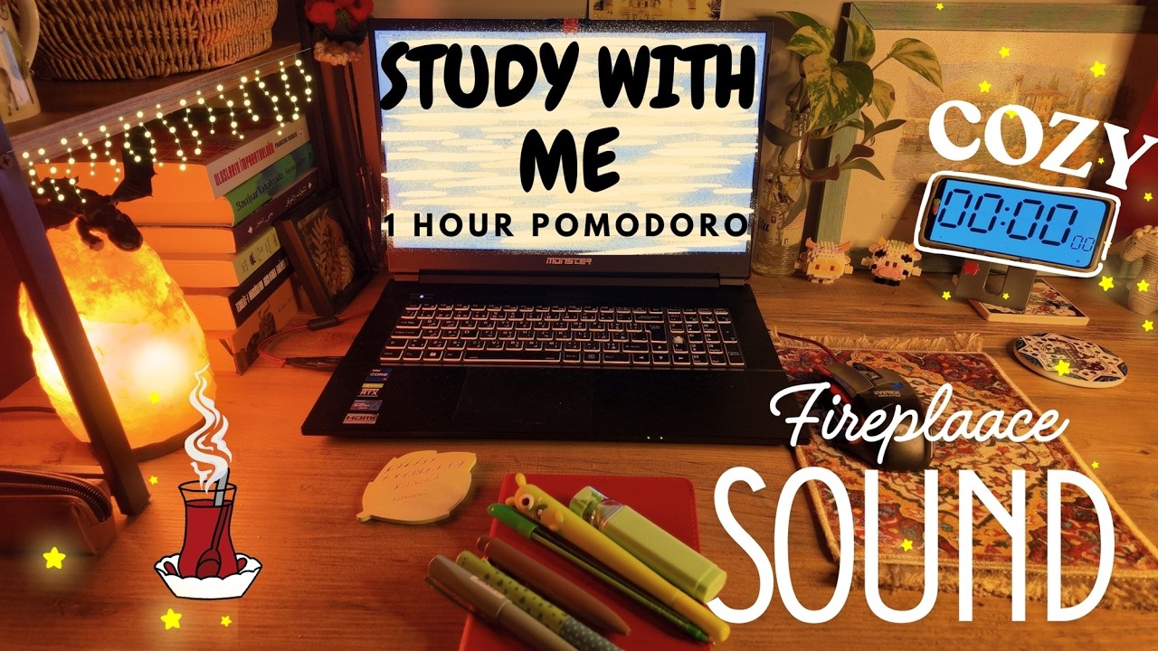 Study With Me ✨1 Hour Pomodoro • Fireplace Sound • ASMR • Cozy Ambience🔥Read With Me