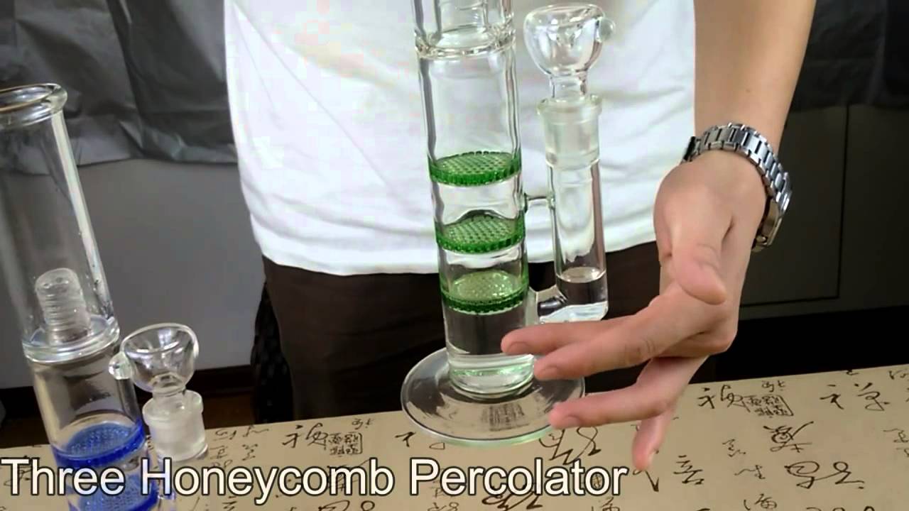 18.8mm Joint Glass Bongs 3 Layer Green And Blue Honeycomb Perc AA336Bee