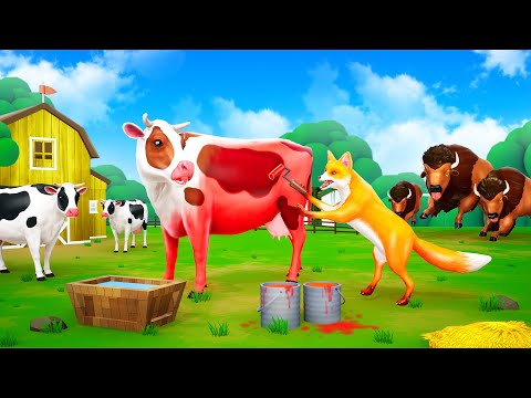 Paint Animals - Funny Fox Paints Red Color to Cows | Crazy Cow Fun Play with Bison | Funny Cow Video