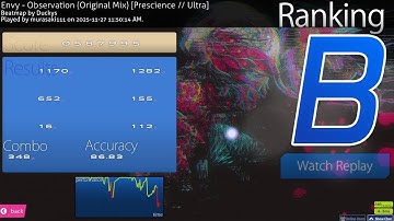 [Osu!Mania] : Observation (Original Mix) by Envy - 5.44★ : B Rank : 84.99% Accuracy : 4K