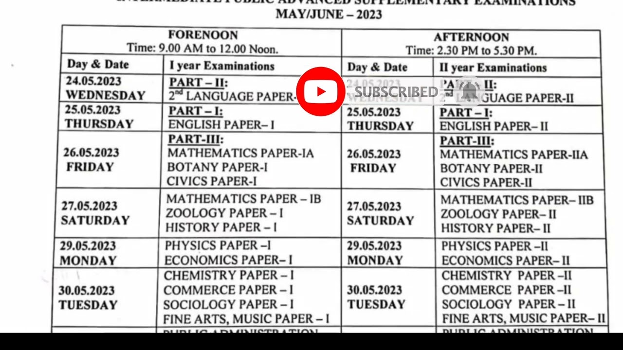 Ap intermediate public supplementary exam date 2023 | Inter Supply & Betterment time table 2023