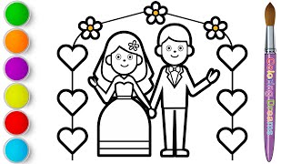 How to Draw & Coloring Bride and Groom | Wedding Dress Painting for Toddlers | Coloring Pages