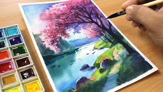Beautiful Watercolor Painting of Ghibli Spring Season Landscape