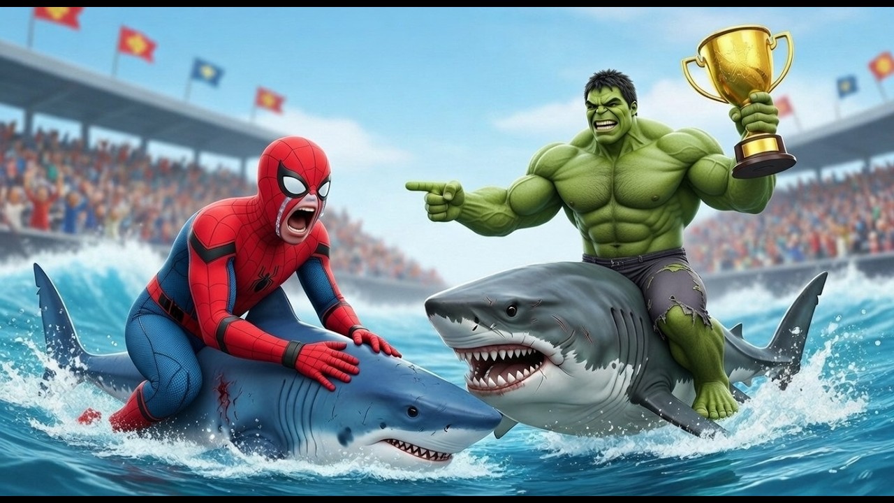 🦈🕷️ Spider-Man Wins the Megalodon Giant Shark Racing Championship – The Ultimate Racing Challenge