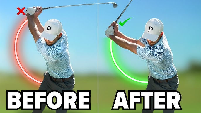 A Golfer In A Split Image Comparing An Incorrect Long Backswing With A Red X To A Corrected Shorter Backswing With A Green Check, Illustrating How To Shorten Backswing Golf.