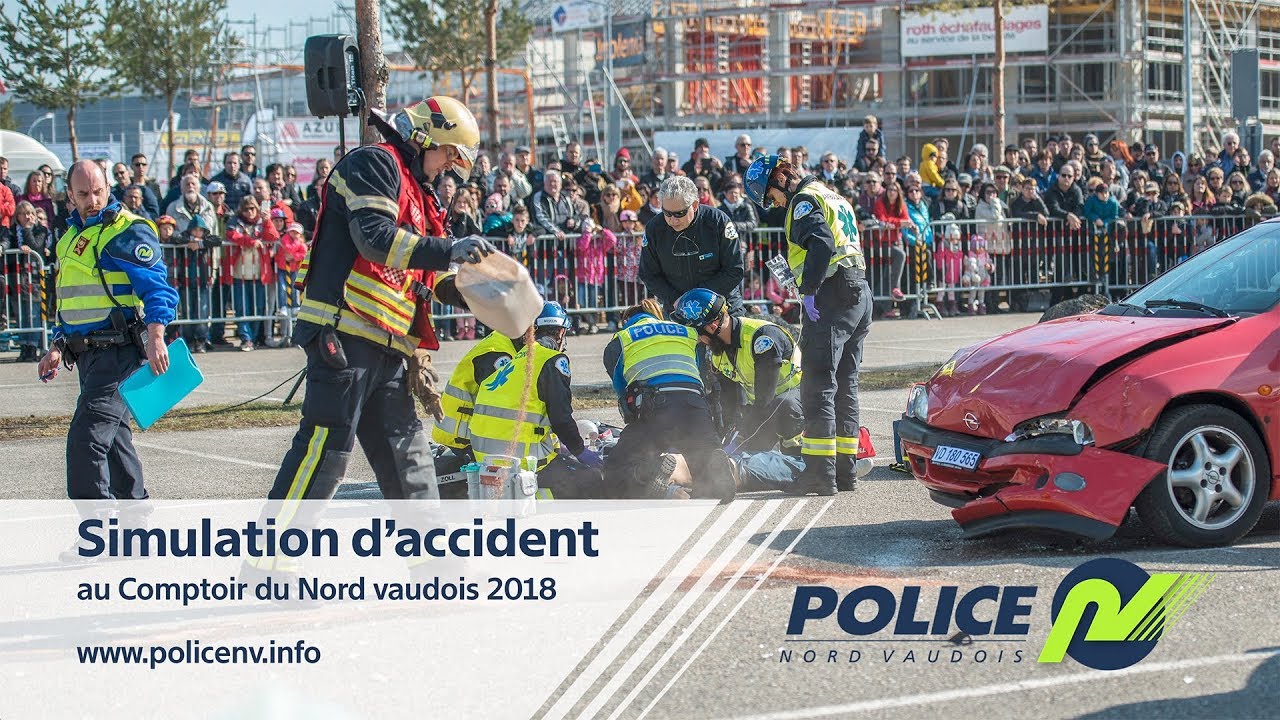 Simulation d'accident au Comptoir du Nord vaudois 2018 organisée par la Police Nord Vaudois
