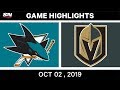 NHL Highlights Sharks Vs Golden Knights Oct 02 2019