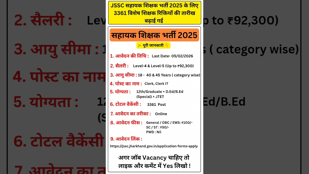 JSSC Assistant Teacher Recruitment 2025 | 3361 Vacancies | Apply Online Last Date Extended