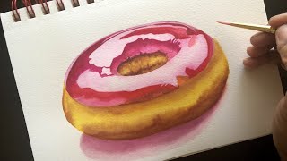 How To Paint Realistic Glazed Donut With Watercolor 2 | Full Length Watercolor Lessons For Beginners