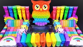 Owl Rainbow Slime Mixing Makeup, Eyeshadow Random into slime #Satisfying #slimevideo #ASMR #슬라임