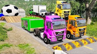 Flatbed Trailer Truck Rescue - Cars vs Rails - Speed Bumps - BeamNG.Drive