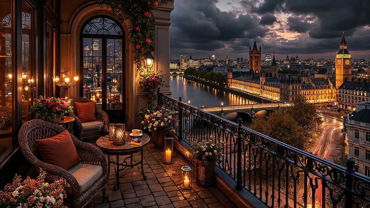 Relaxing Night Jazz in London ☕ Luxury Balcony Café Ambience & Smooth Jazz for Focus & Work